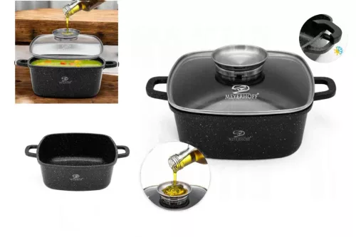 Lábas Szögletes Gránit/Kerámia Bevonattal Meyerhoff 4.4 Literes Üveg Fedővel 24cm Fekete (6/#)