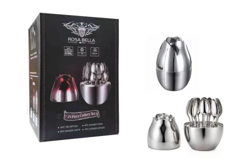 Evőeszközszett Inox 24 Darabos Tojás Alakú Tartóval Fehér RB-735 (8/#)