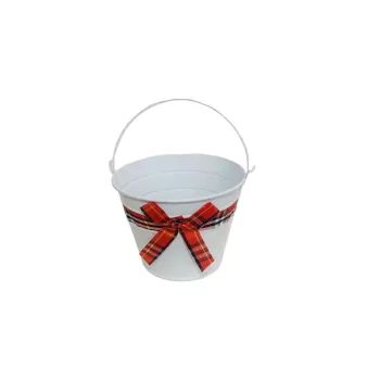   Bádog Kaspó Fehér, Kockás Masnival 140-B-110 - D16*H12cm (120/#)