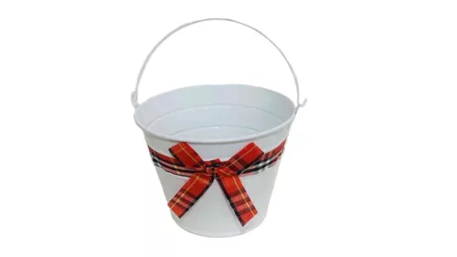 Bádog Kaspó Fehér, Kockás Masnival 140-B-110 - D16*H12cm (120/#)