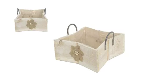 Coș de lemn, fundă cu flori maro 232-W-211/L - 24,5*24,5*H10,5cm