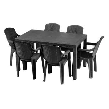   Kerti Bútor Szett 6 Személyes Rattan Hatású Antracit Asztallal + 6 Darab Székkel