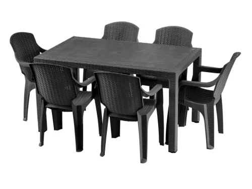 Kerti Bútor Szett 6 Személyes Rattan Hatású Antracit Asztallal + 6 Darab Székkel