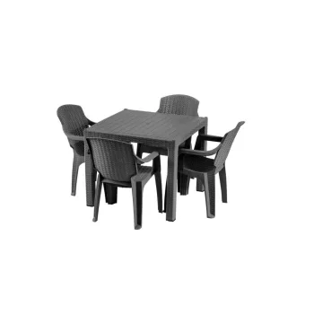   Kerti Bútor Szett 4 Személyes Rattan Hatású Antracit Asztallal + 4 Darab Székkel