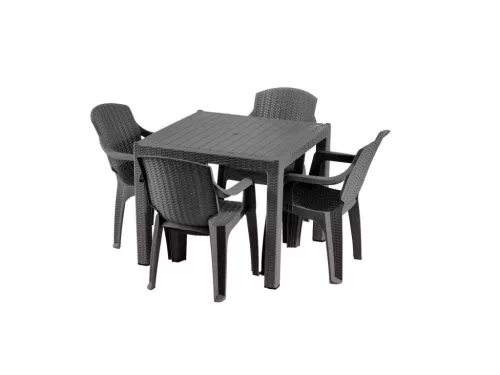 Kerti Bútor Szett 4 Személyes Rattan Hatású Antracit Asztallal + 4 Darab Székkel