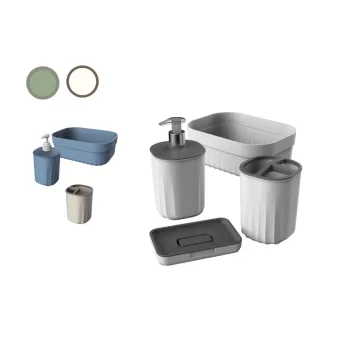   Set de baie din plastic 4 buc (suport pentru săpun+suport periuță de dinți+dozator de săpun lichid+coș)