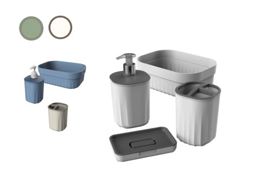 Set de baie din plastic 4 buc (suport pentru săpun+suport periuță de dinți+dozator de săpun lichid+coș)