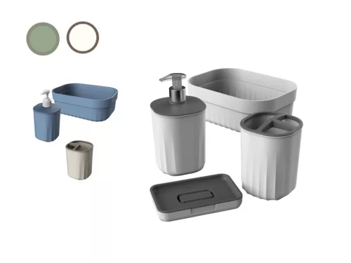 Set de baie din plastic 4 buc (suport pentru săpun+suport periuță de dinți+dozator de săpun lichid+coș)