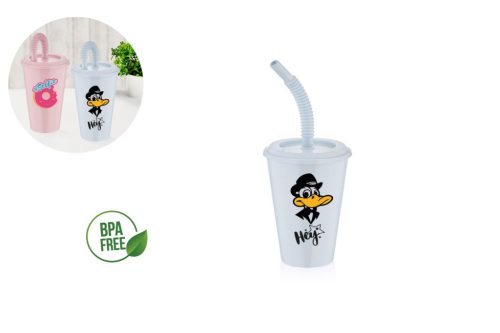 Pohár Műanyag Dekoros Szívószállal 450 ml L-00750