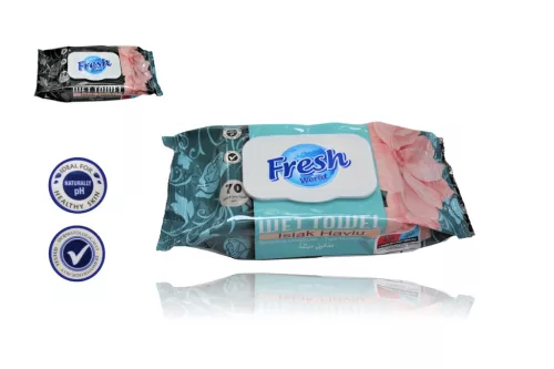 Nedves Törlőkendő Fresh World 70 Darabos P.H. 5.5 Virág Illattal Fliptop Zárókupakos (24/#_1344/rkl)