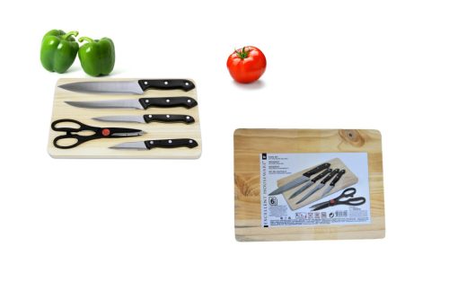 Set bucatarie 6 piese (4 buc cutit+foarfece+tabla lemn 29*20cm)