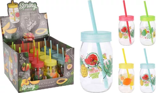 Pohár Üveg 370ml Tetővel és Szívószállal 170488450 (20/gy_40/#)